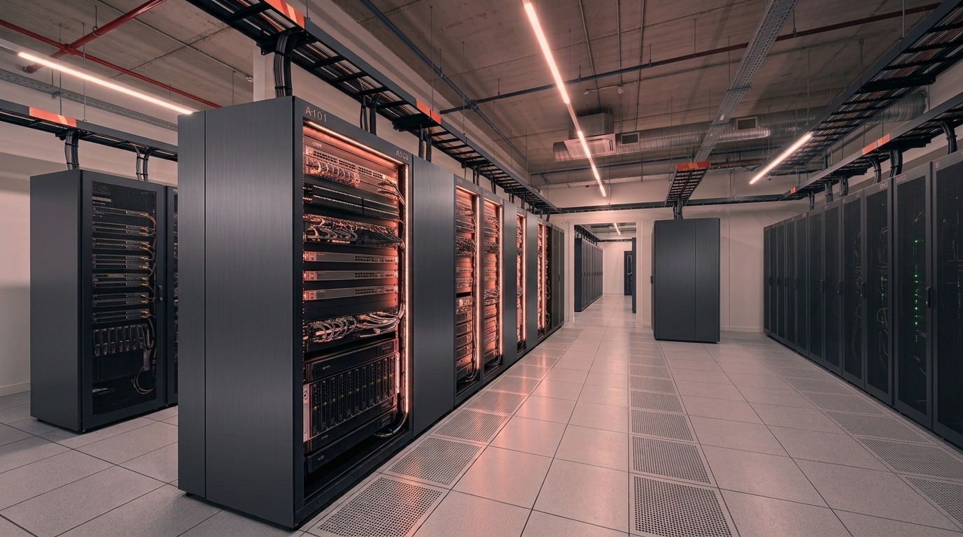 Rows of server racks in a data center aisle