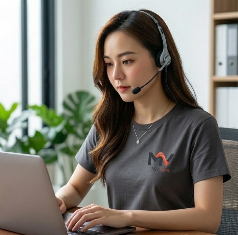 Technical support representative wearing a headset at a laptop